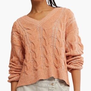 Free People Candied Melon Orange Washed Cable Knit sweater